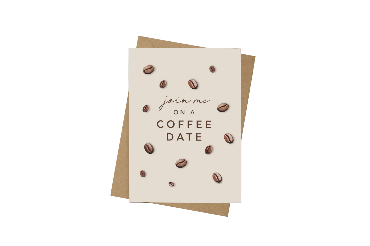 A square cream greeting card with coffee bean illustrations and the text 'join me on a COFFEE DATE', placed on top of a kraft paper envelope against a dark brown background.